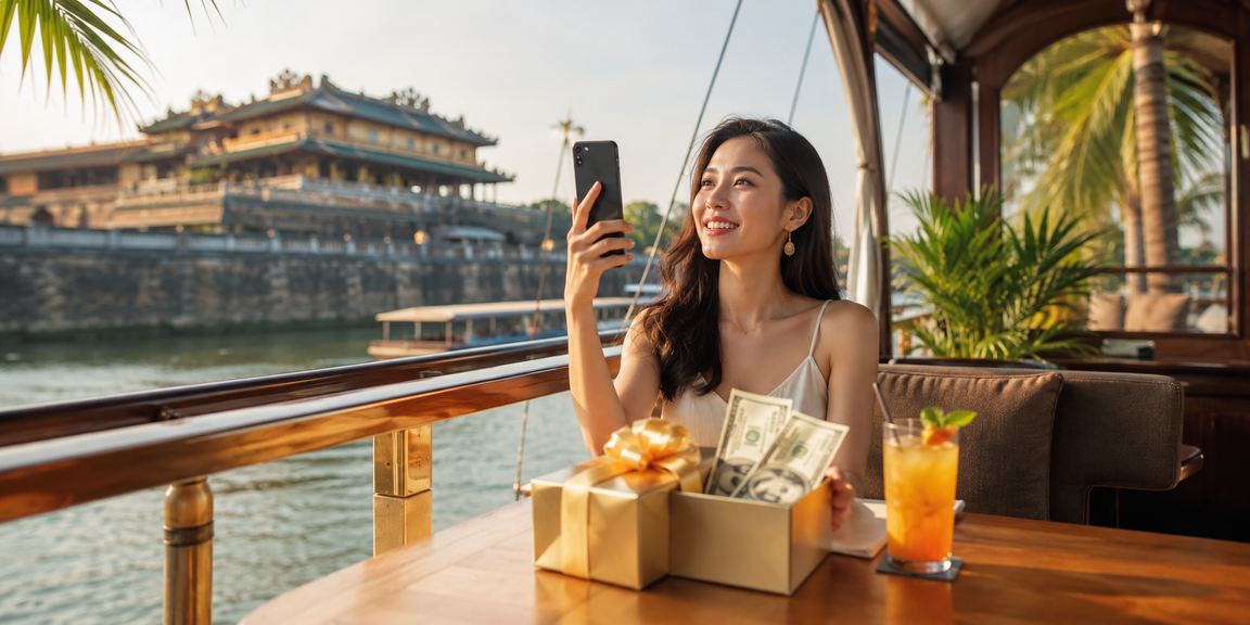Người dùng Huế chơi casino trực tuyến và nhập mã voucher trên điện thoại di động tại quán cà phê