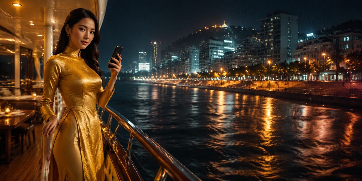 Người phụ nữ mặc áo dài tại Vũng Tàu theo dõi cá cược thể thao trực tuyến bên bờ biển